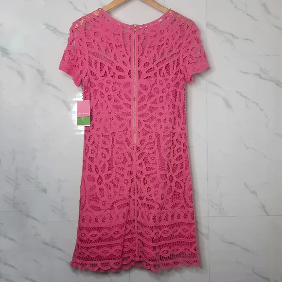 LILLY PULITZER Lace Cotton Dress MarieKate Scalloped Battenberg Pink NEW S - Picture 3 of 10